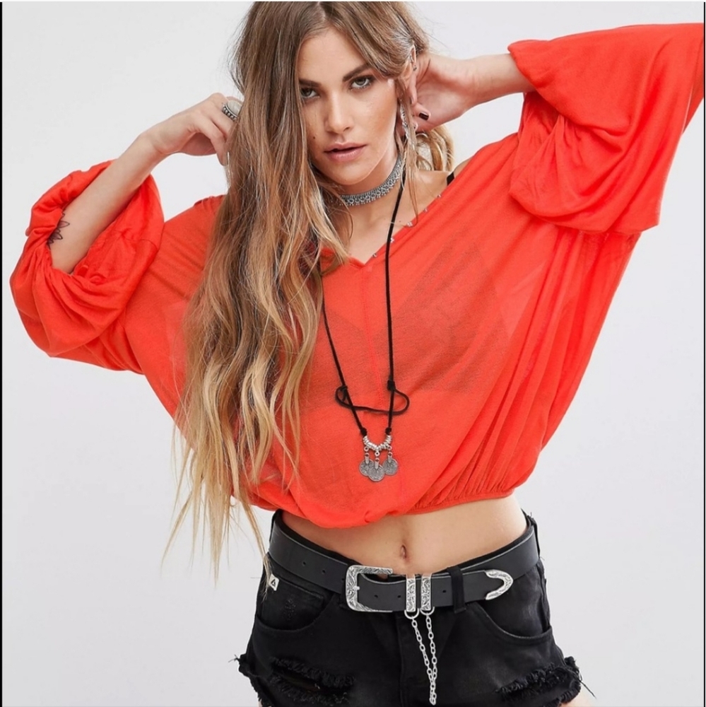 Free People Peaks Island Red Orange Billowed Sleeve Blouse